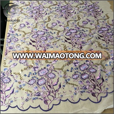 High quality purple flower pattern flat embroidered tulle fabric